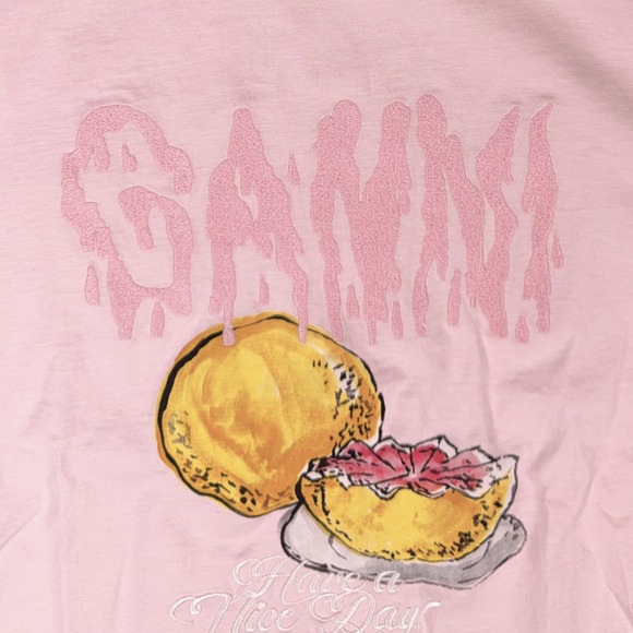 GANNI Grapefruit Graphic Tee sz XS 100% Organic Cotton Pink Logo Jersey T-Shirt - Picture 2 of 6